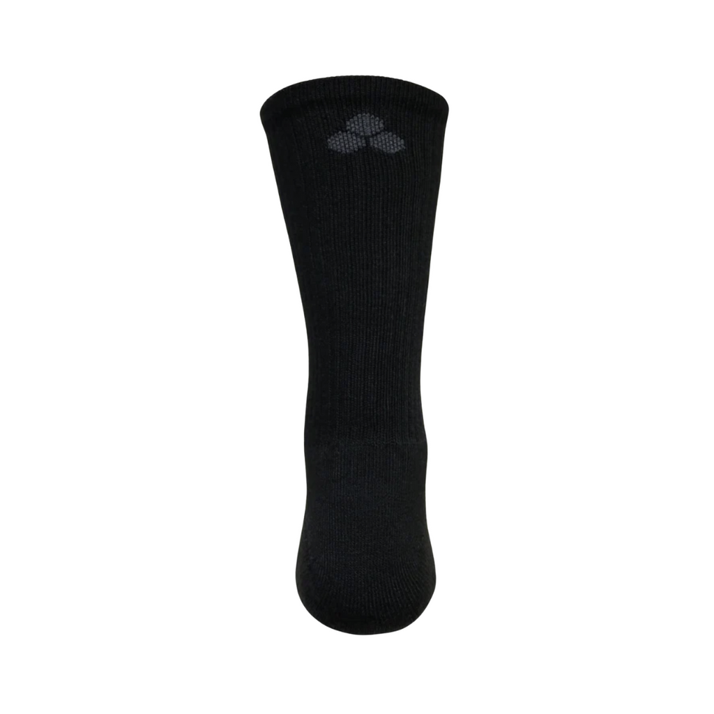 Back heel view of the FitSok CF2 Crew Sock in Black highlighting the reinforced cushioning and supportive construction designed to absorb impact and provide lasting comfort during high-intensity activities.