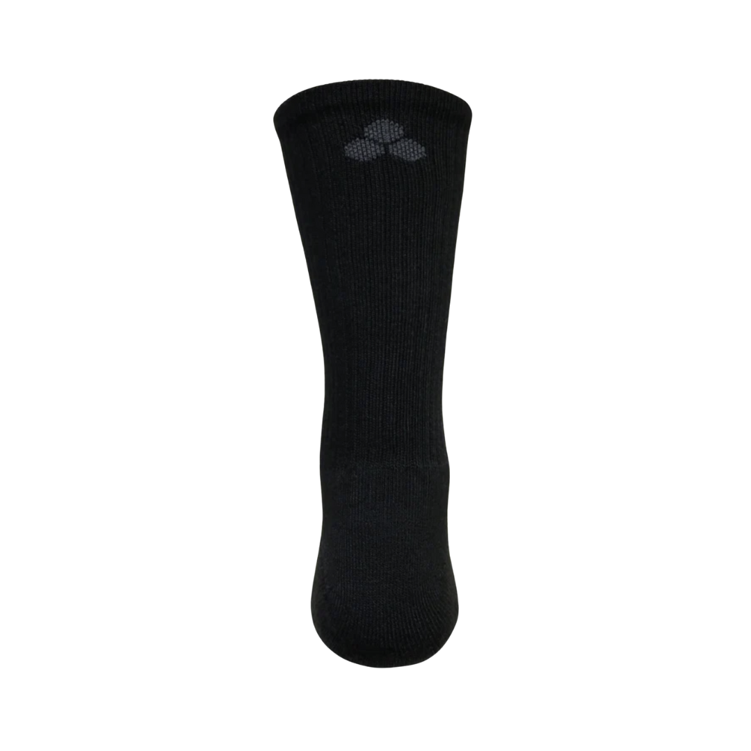 Back heel view of the FitSok CF2 Crew Sock in Black highlighting the reinforced cushioning and supportive construction designed to absorb impact and provide lasting comfort during high-intensity activities.
