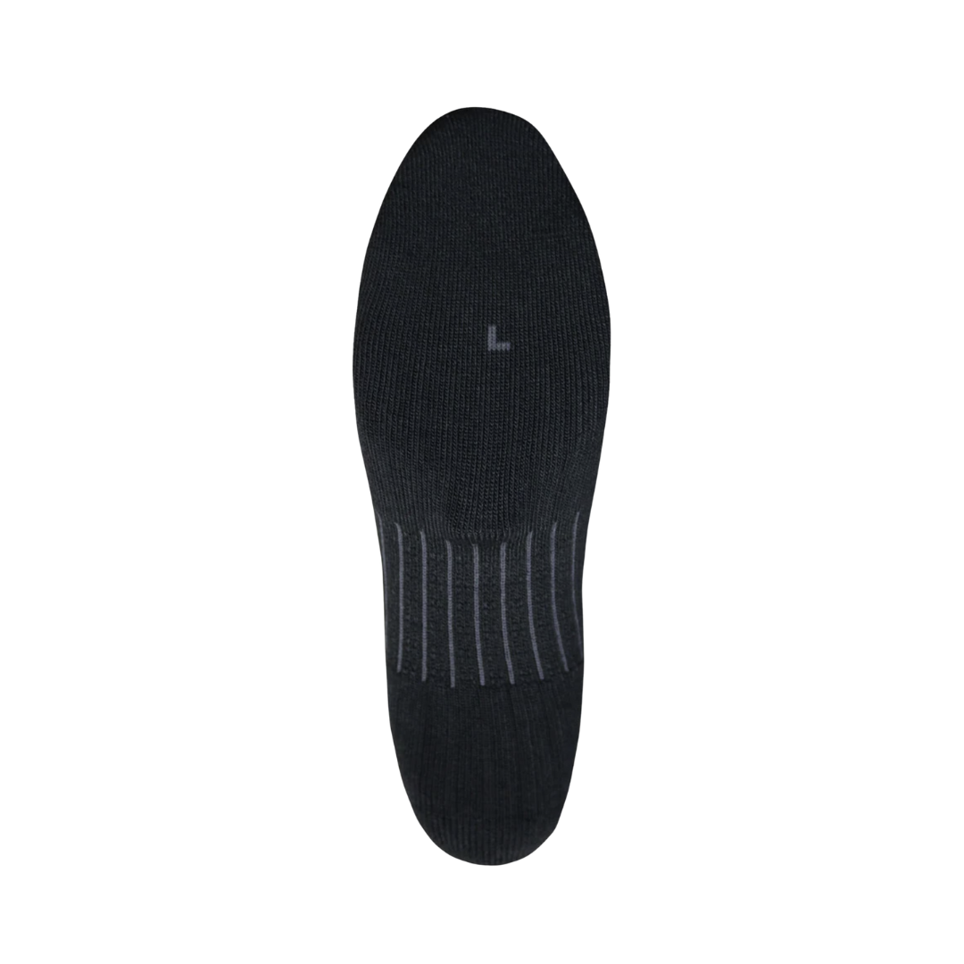 Bottom view of the FitSok CF2 Crew Sock in Black featuring targeted cushioning and arch compression designed to provide shock absorption, midfoot support, and stability while helping keep feet cool and comfortable during activity.