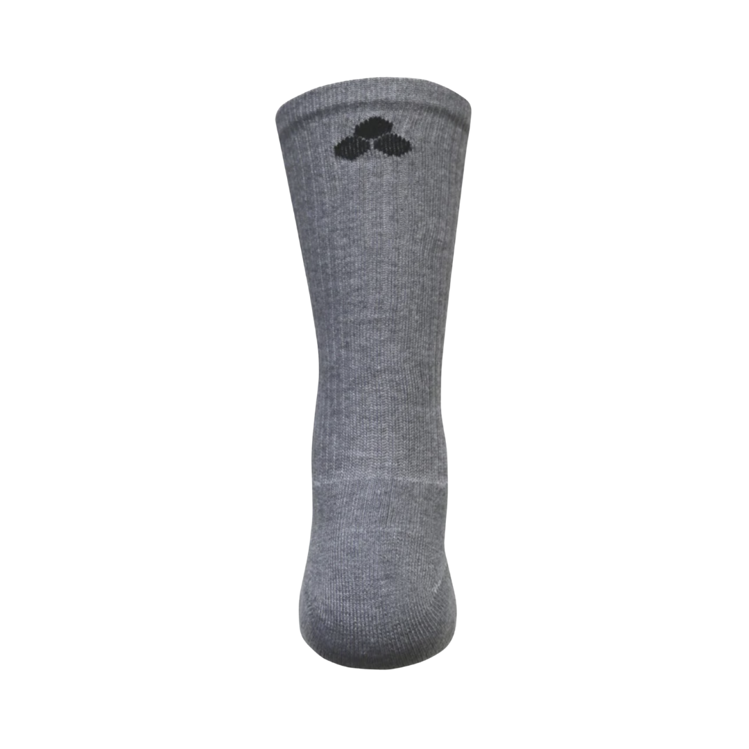 Back heel view of the FitSok CF2 Crew Sock in Grey highlighting the reinforced cushioning and supportive construction designed to absorb impact and provide lasting comfort during high-intensity activities.