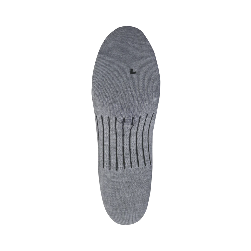 Bottom view of the FitSok CF2 Crew Sock in Grey featuring targeted cushioning and arch compression designed to provide shock absorption, midfoot support, and stability while helping keep feet cool and comfortable during activity.