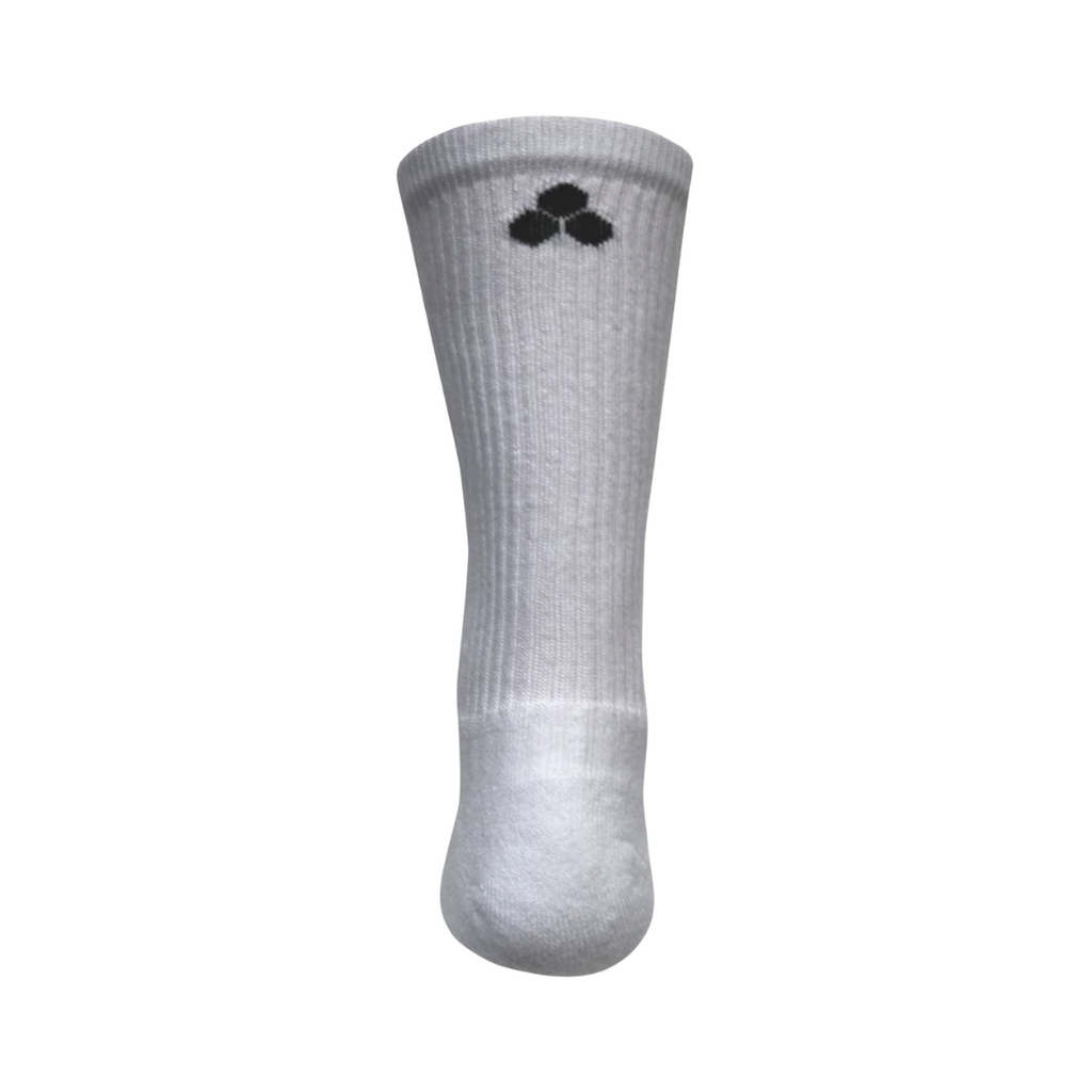 Back heel view of the FitSok CF2 Crew Sock in White highlighting the reinforced cushioning and supportive construction designed to absorb impact and provide lasting comfort during high-intensity activities.
