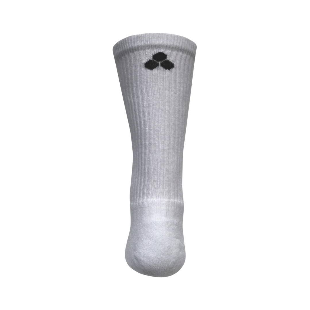 Back heel view of the FitSok CF2 Crew Sock in White highlighting the reinforced cushioning and supportive construction designed to absorb impact and provide lasting comfort during high-intensity activities.