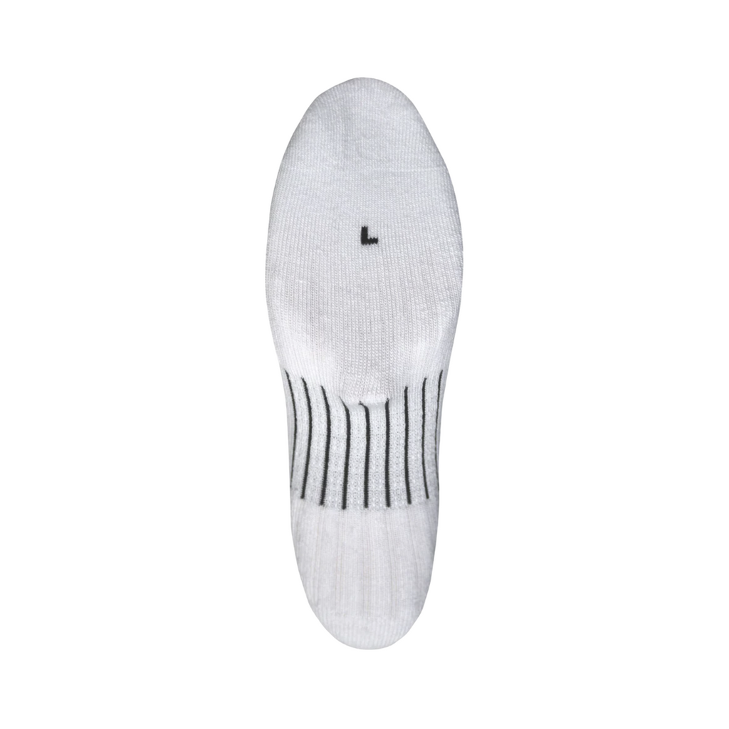 Bottom view of the FitSok CF2 Crew Sock in White featuring targeted cushioning and arch compression designed to provide shock absorption, midfoot support, and stability while helping keep feet cool and comfortable during activity.