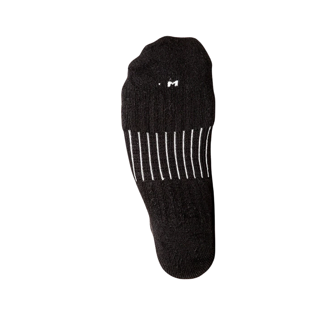 Bottom view of the FitSok CF2 Cushion Quarter Sock in Black featuring reinforced cushioning through the heel and forefoot to absorb impact, reduce fatigue, and provide comfortable support during running, cross-training, and high-intensity workouts.