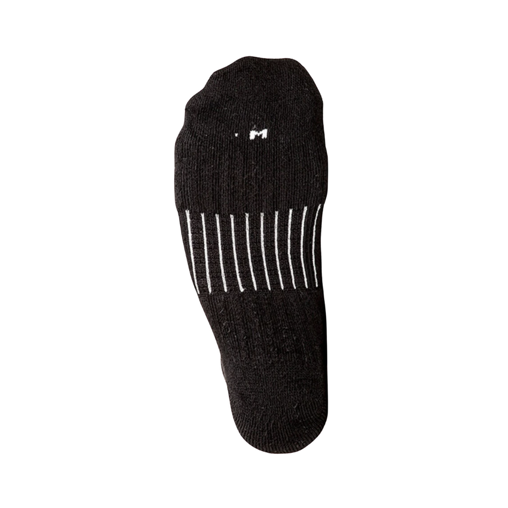 Bottom view of the FitSok CF2 Cushion No-Show Sock in Black featuring the cushioned footbed and reinforced construction designed to absorb impact, reduce foot fatigue, manage moisture, and provide lasting comfort during workouts and everyday wear.