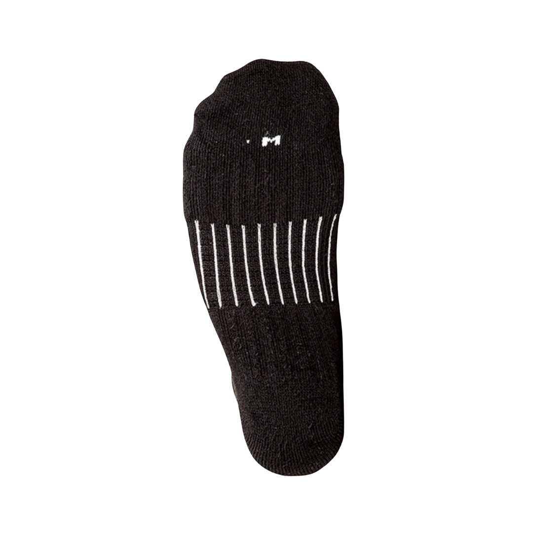 Bottom view of the FitSok CF2 Cushion No-Show Sock in Black featuring the cushioned footbed and reinforced construction designed to absorb impact, reduce foot fatigue, manage moisture, and provide lasting comfort during workouts and everyday wear.