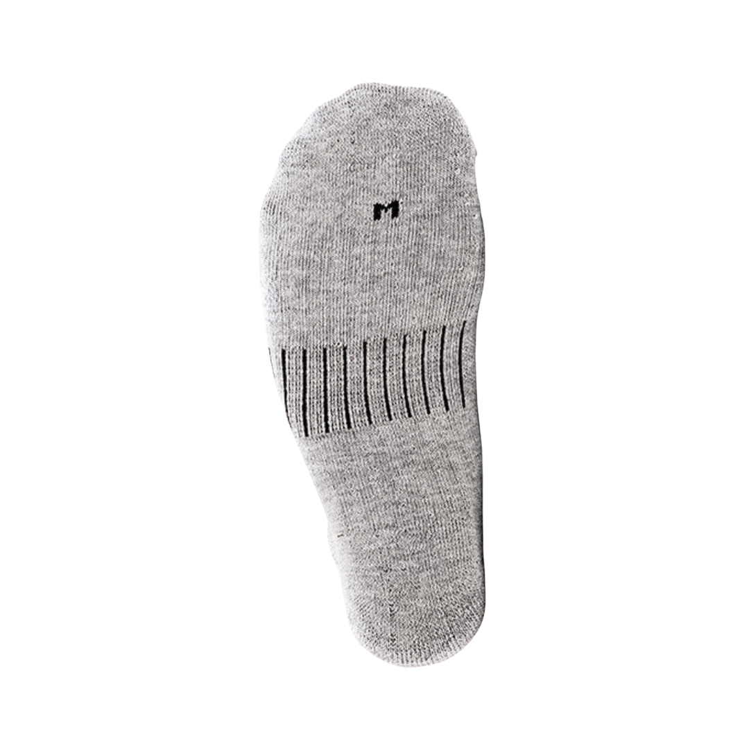 Bottom view of the FitSok CF2 Cushion No-Show Sock in Grey featuring the cushioned footbed and reinforced construction designed to absorb impact, reduce foot fatigue, manage moisture, and provide lasting comfort during workouts and everyday wear.