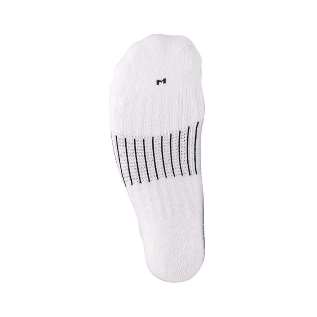 Bottom view of the FitSok CF2 Cushion No-Show Sock in White featuring the cushioned footbed and reinforced construction designed to absorb impact, reduce foot fatigue, manage moisture, and provide lasting comfort during workouts and everyday wear.