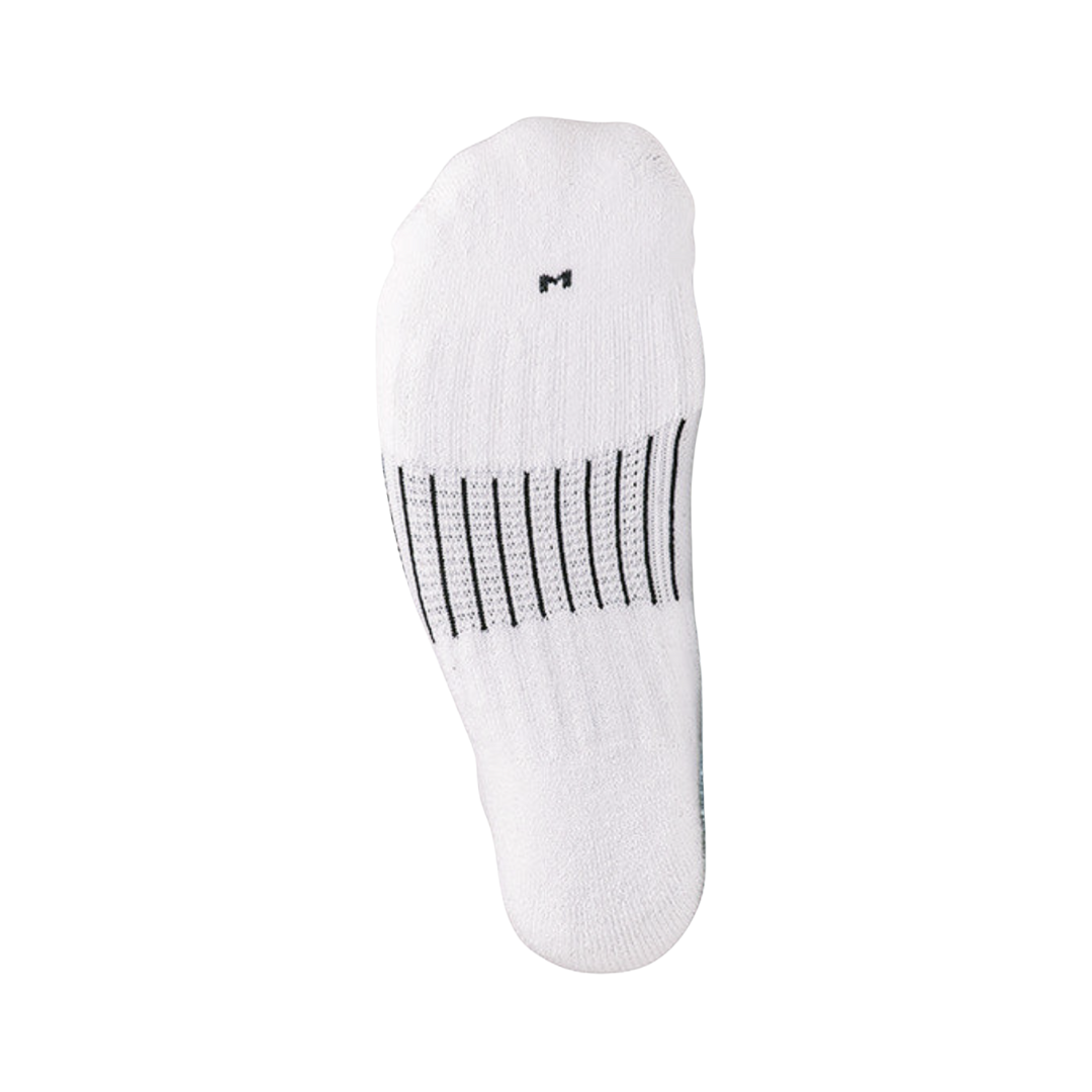 Bottom view of the FitSok CF2 Cushion No-Show Sock in White featuring the cushioned footbed and reinforced construction designed to absorb impact, reduce foot fatigue, manage moisture, and provide lasting comfort during workouts and everyday wear.