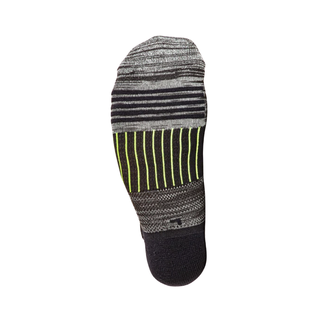 Bottom view of the FitSok Q5 No-Show Sock in the Charcoal Pack Black Sock featuring targeted cushioning in high-impact areas and performance fabric designed to absorb shock, manage moisture, and enhance comfort during high-intensity activity.