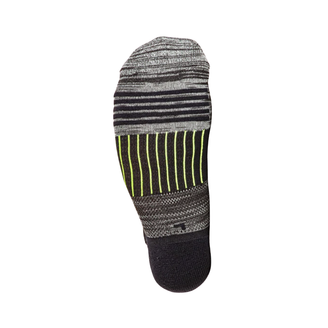 Bottom view of the FitSok Q5 No-Show Sock in the Charcoal Pack Black Sock featuring targeted cushioning in high-impact areas and performance fabric designed to absorb shock, manage moisture, and enhance comfort during high-intensity activity.