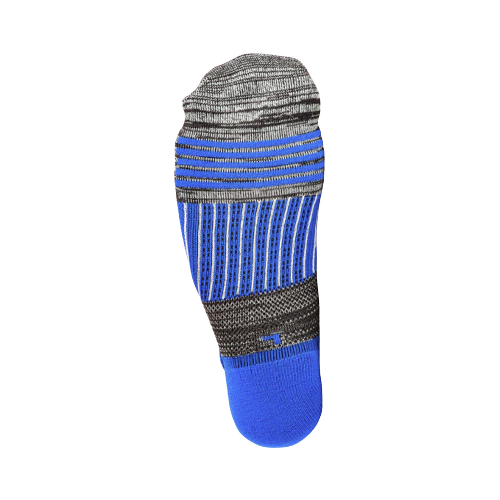Bottom view of the FitSok Q5 No-Show Sock in the Charcoal Pack Blue Sock featuring targeted cushioning in high-impact areas and performance fabric designed to absorb shock, manage moisture, and enhance comfort during high-intensity activity.
