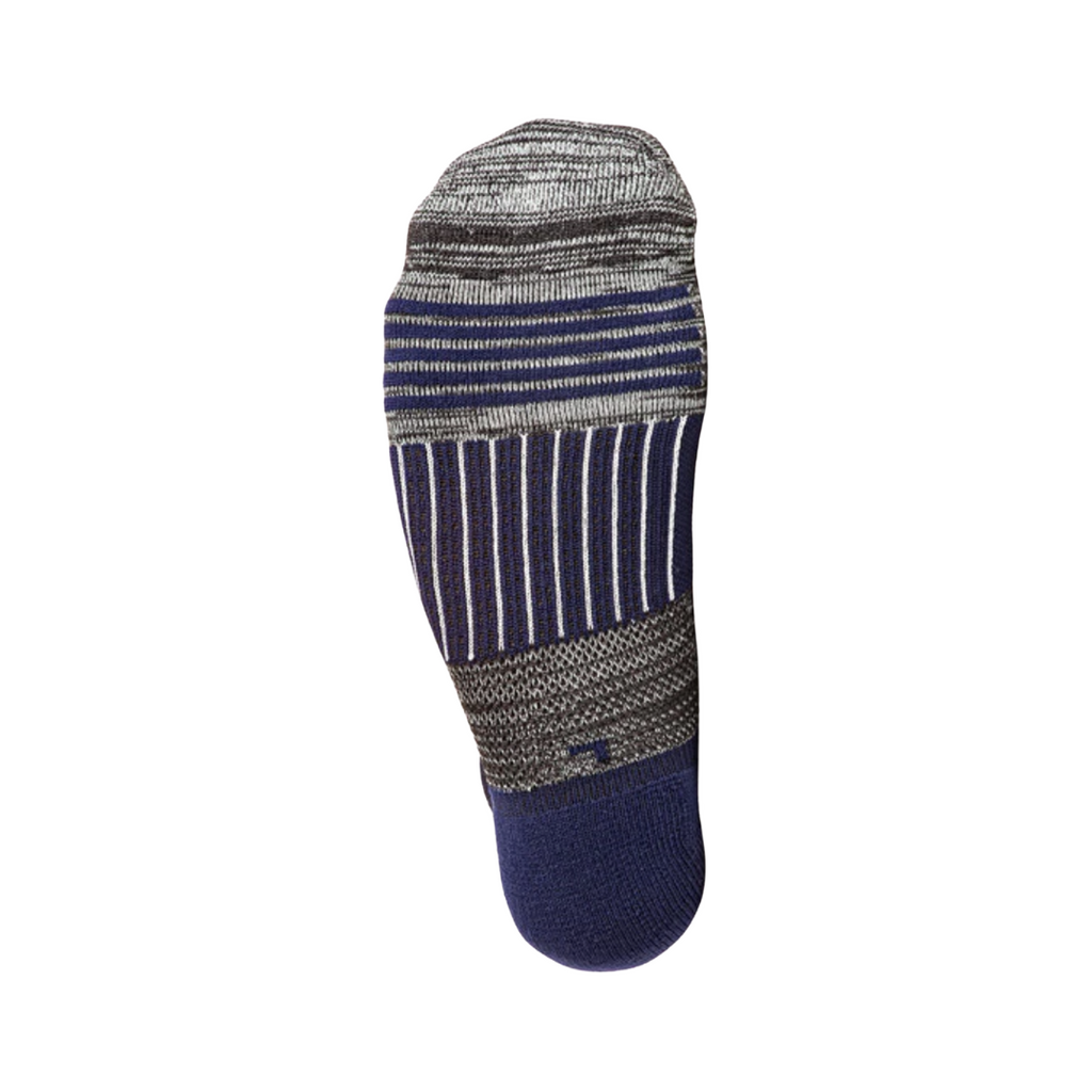 Bottom view of the FitSok Q5 No-Show Sock in the Charcoal Pack Navy Sock featuring targeted cushioning in high-impact areas and performance fabric designed to absorb shock, manage moisture, and enhance comfort during high-intensity activity.