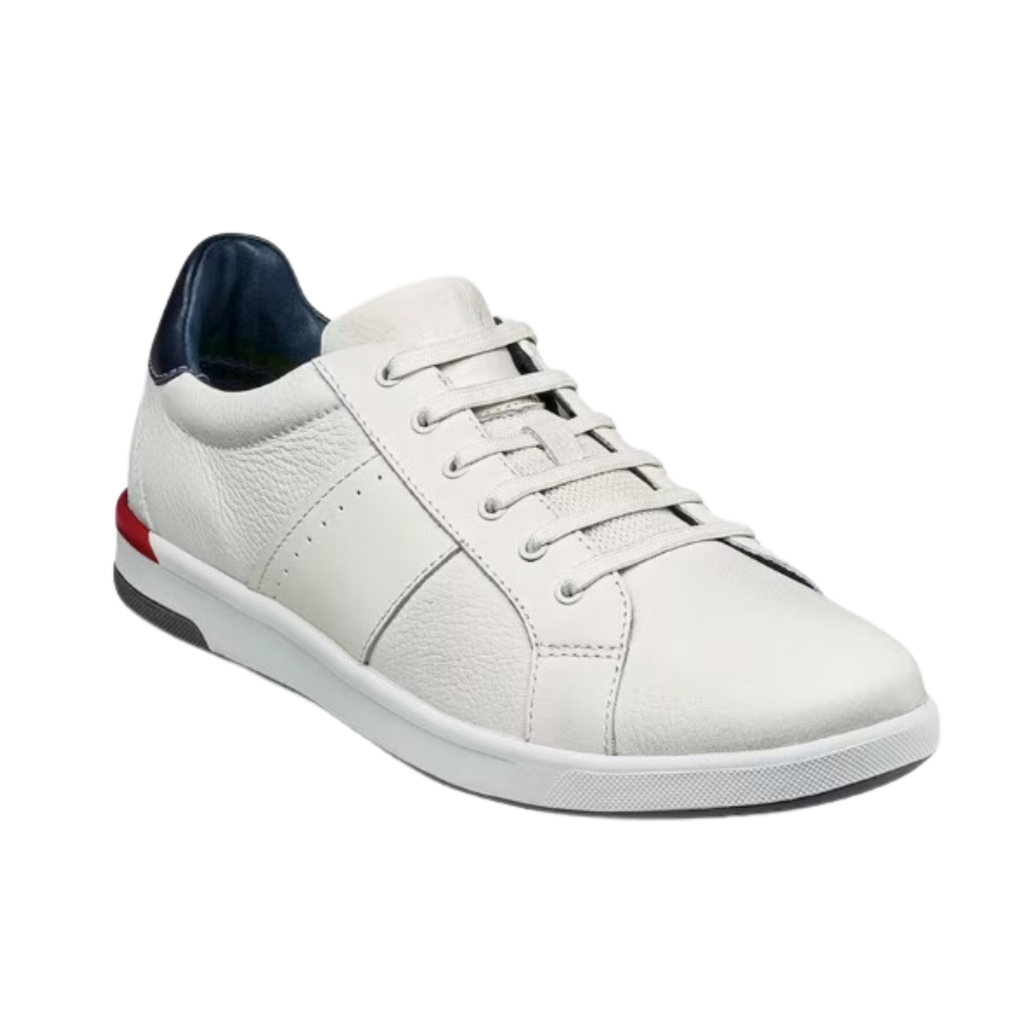 Florsheim Crossover Lace-To-Toe in White featuring a smooth leather upper, Comfortech footbed with EVA cushioning, breathable textile lining, lightweight EVA outsole, and adjustable lace-to-toe construction for everyday comfort and support.