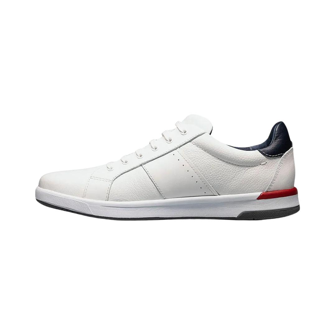 Florsheim Crossover Lace-To-Toe in White featuring a smooth leather upper, Comfortech footbed with EVA cushioning, breathable textile lining, lightweight EVA outsole, and adjustable lace-to-toe construction for everyday comfort and support.