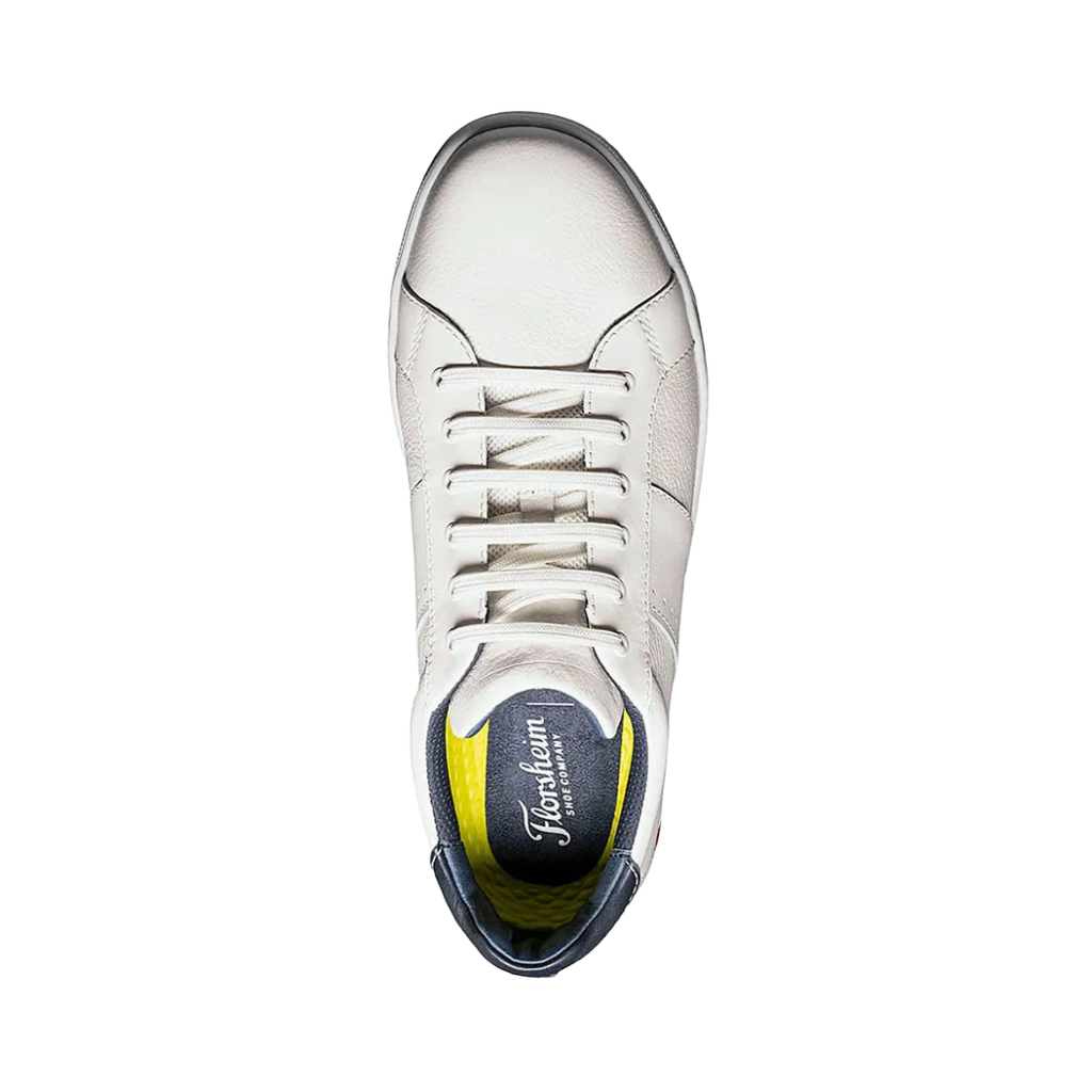 Top view of the Florsheim Crossover Lace-To-Toe in White displaying the extended lace-up design, smooth leather finish, and roomy, adjustable fit across the foot.
