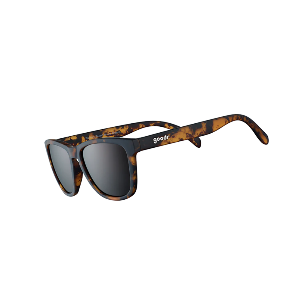 Goodr OG "Bosley’s Basset Hound Dreams" sunglasses featuring a classic tortoiseshell frame, brown polarized lenses, lightweight construction, and no-slip grip technology for comfortable everyday wear.