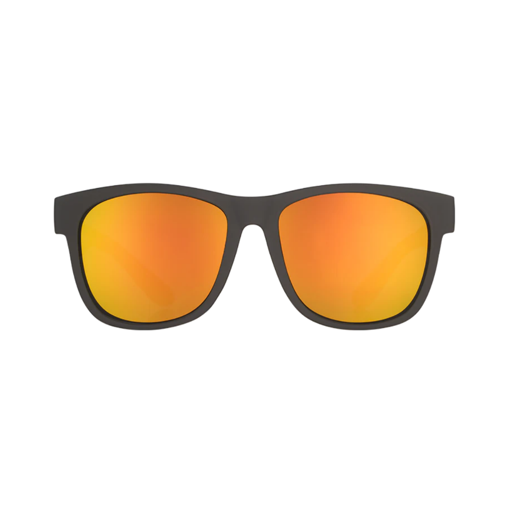 Front view of the Goodr BFG "Beelzebub’s Bourbon Burpees" sunglasses showcasing the bold matte black frame and fiery orange polarized lenses with UV400 protection.
