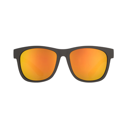 Front view of the Goodr BFG "Beelzebub’s Bourbon Burpees" sunglasses showcasing the bold matte black frame and fiery orange polarized lenses with UV400 protection.