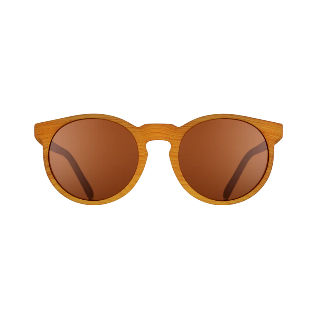 Front view of the Goodr Circle G "Bodhi’s Ultimate Ride" sunglasses showcasing the rounded frame shape, natural woodgrain finish, and polarized lenses with UV400 protection.