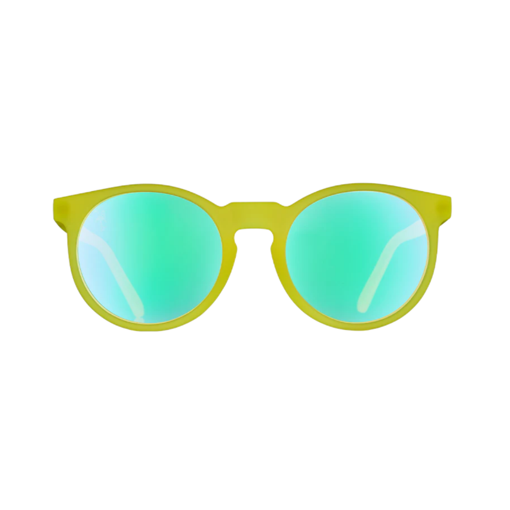 Front view of the Goodr Circle G "Fade-er-Ade Shades" sunglasses showcasing the rounded frame shape, natural woodgrain finish, and polarized lenses with UV400 protection.
