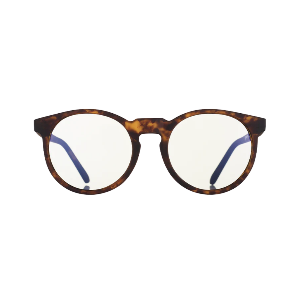 Front view of the Goodr Circle G "Insert Coin to Continue" sunglasses showcasing the rounded frame shape, natural woodgrain finish, and polarized lenses with UV400 protection.