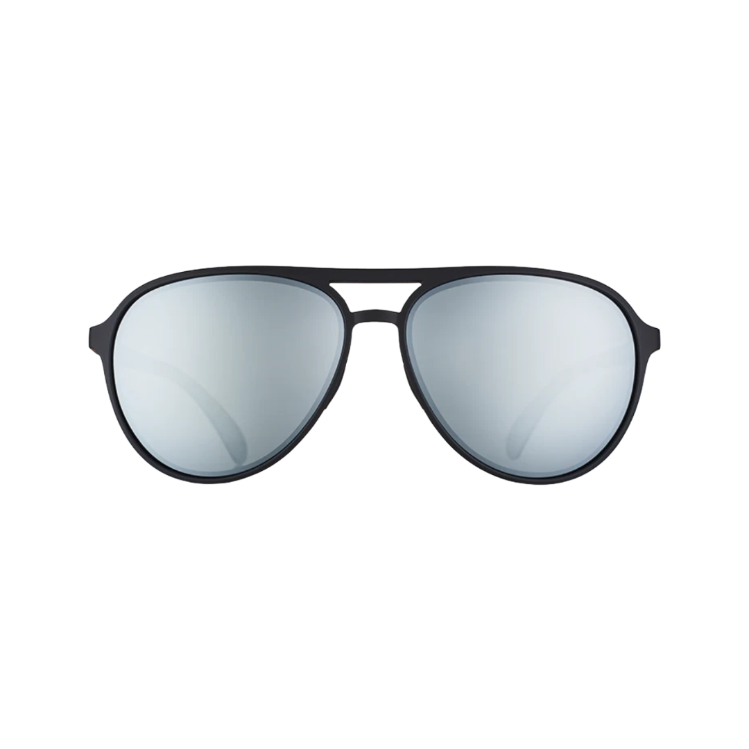 Front view of the Goodr Mach G "Add the Chrome Package" sunglasses showcasing the classic aviator silhouette, chrome-inspired frame, and bold mirrored lenses with UV400 protection.