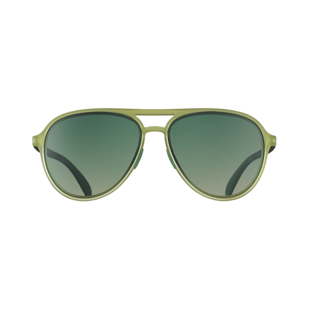Front view of the Goodr Mach G "Buzzed on the Tower" sunglasses showcasing the retro aviator silhouette, vibrant green frame, and gradient green lenses with polarized UV400 protection.