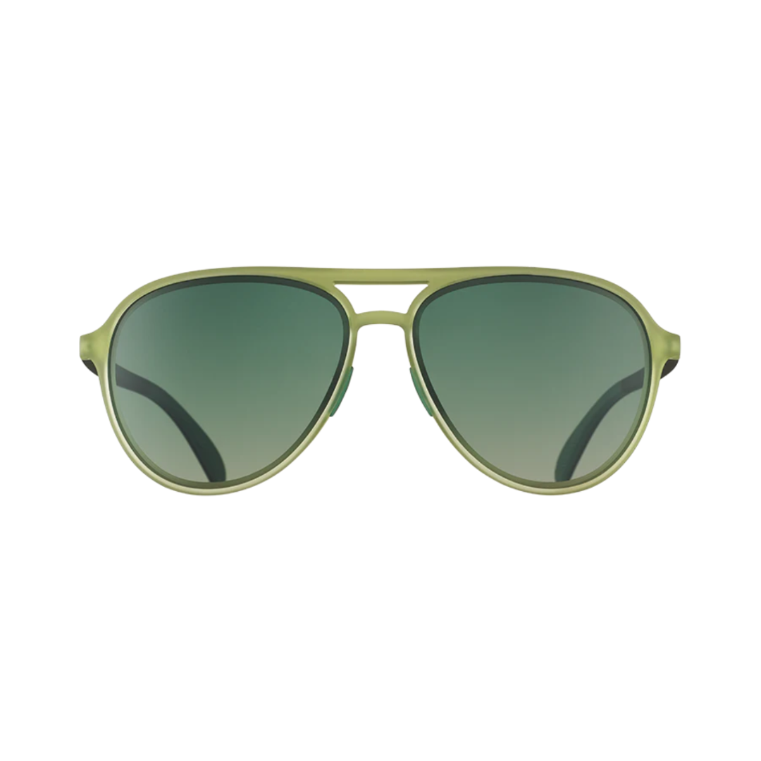 Front view of the Goodr Mach G "Buzzed on the Tower" sunglasses showcasing the retro aviator silhouette, vibrant green frame, and gradient green lenses with polarized UV400 protection.