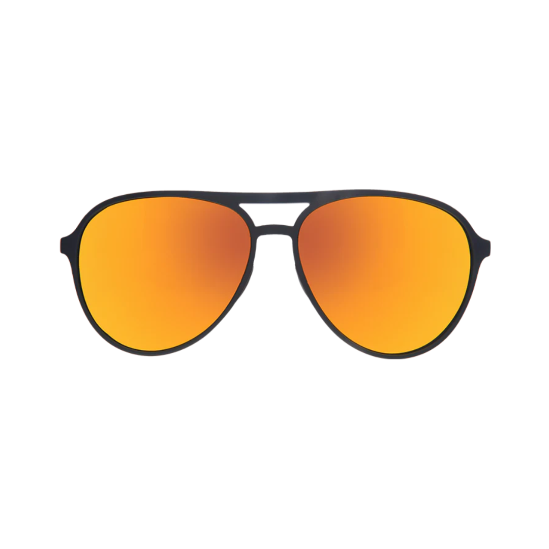 Front view of the Goodr Mach G "Call Me Tarmac Daddy" sunglasses showcasing the classic aviator silhouette, matte black frame, and bold orange mirrored lenses with UV400 protection.