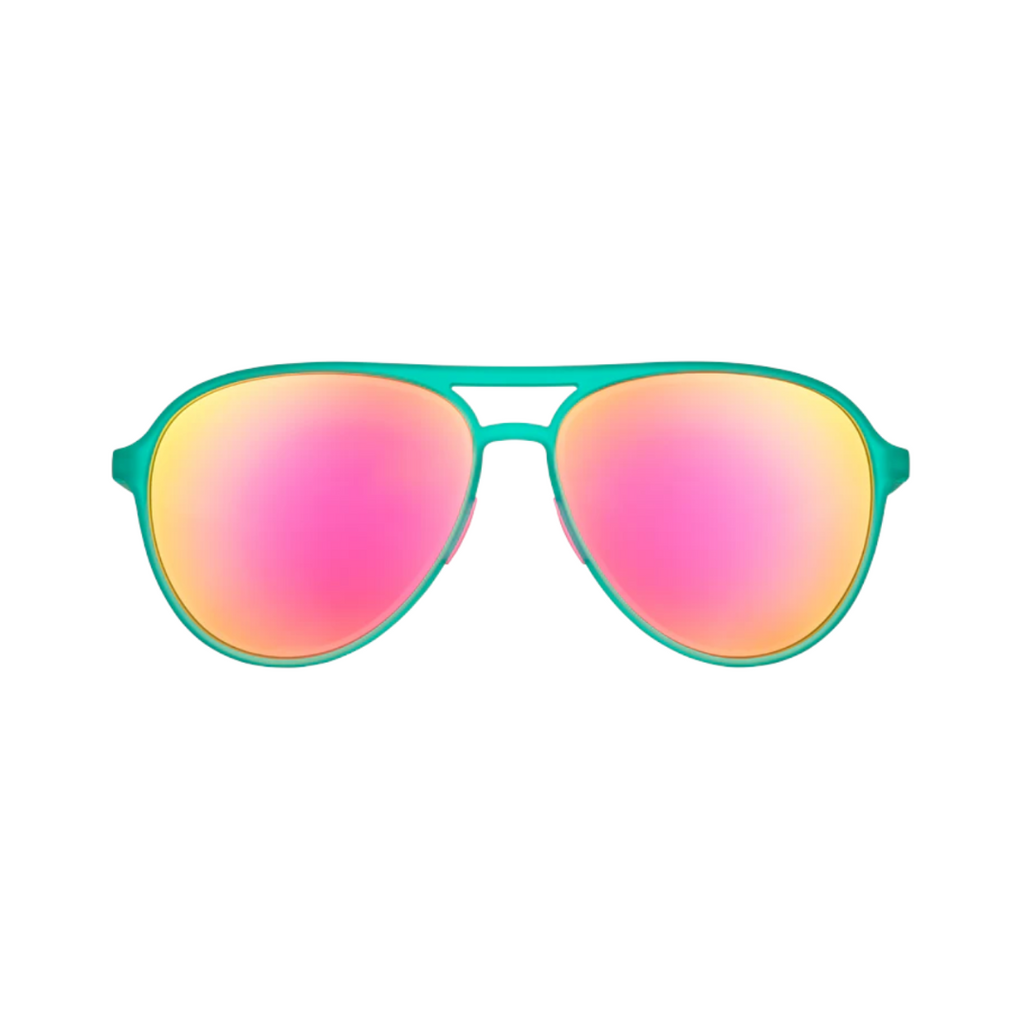 Front view of the Goodr Mach G "Kitty Hawkers’ Ray Blockers" sunglasses showcasing the classic aviator silhouette, bright mint green frame, and eye-catching pink mirrored lenses with UV400 protection.