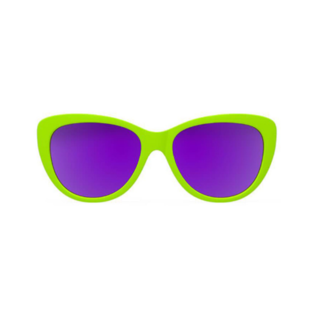 Front view of the Goodr Runways "Total Lime Piece" sunglasses showcasing the bold cat-eye silhouette, vibrant lime green frame, and purple mirrored lenses with polarized UV400 protection.