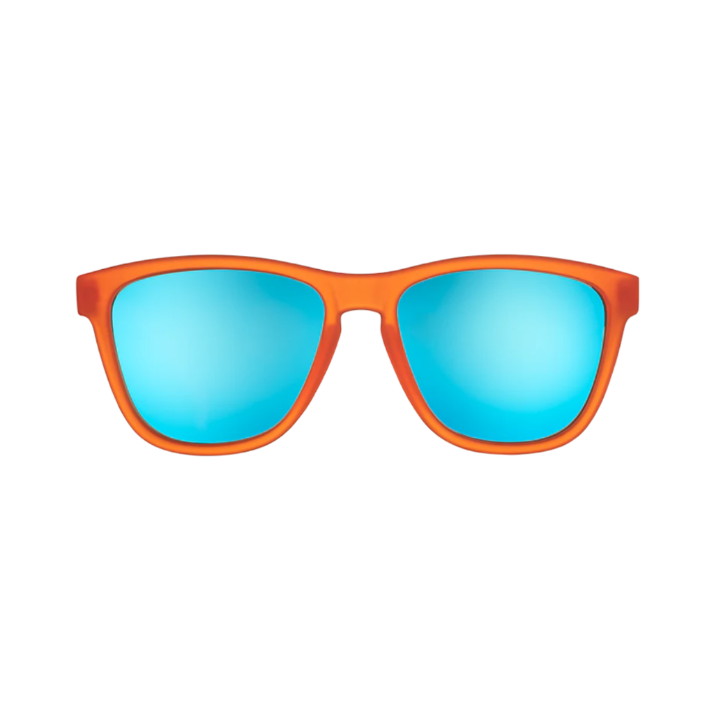 Front view of the Goodr OG "Donkey Goggles" sunglasses showcasing the classic Goodr OG silhouette, bold orange frame, and reflective blue polarized lenses with UV400 protection.
