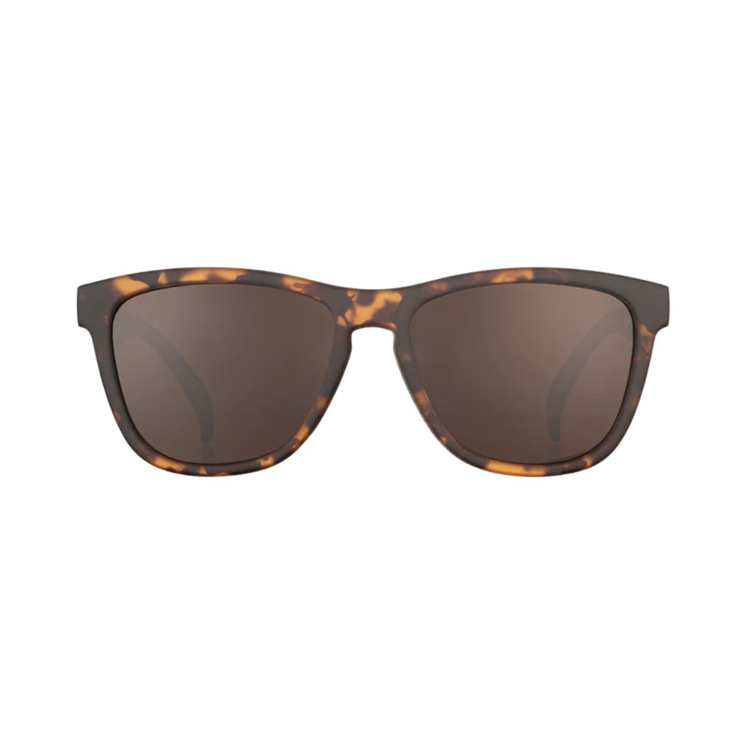 Front view of the Goodr OG "Bosley’s Basset Hound Dreams" sunglasses showcasing the classic rounded silhouette, traditional tortoiseshell frame, and brown polarized lenses with UV400 protection.