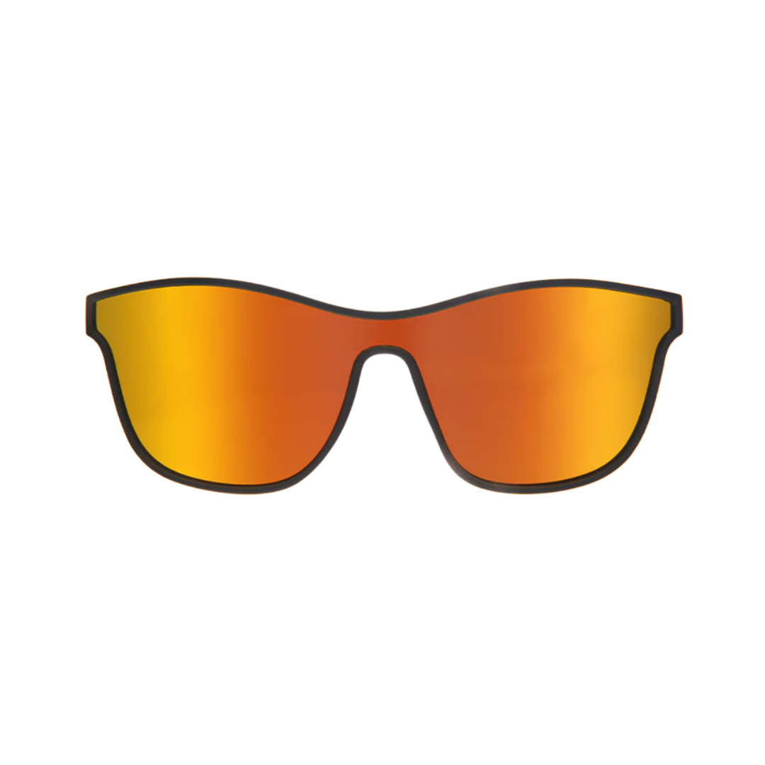 Front view of the Goodr VRG "From Zero to Blitzed" sunglasses showcasing the aerodynamic wraparound silhouette, black frame, and reflective red-orange polarized lenses with UV400 protection for bright outdoor conditions.