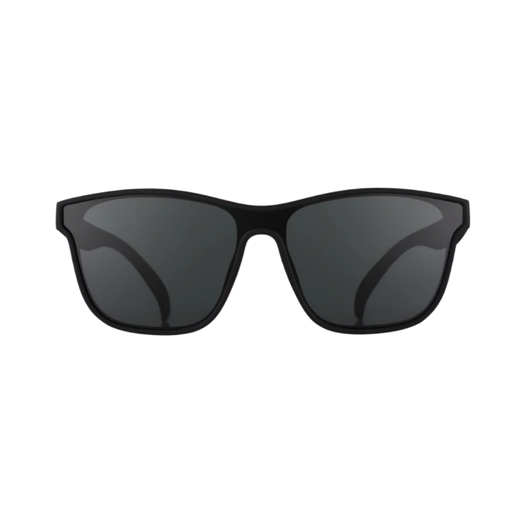 Front view of the Goodr VRG "The Future is Void" sunglasses showcasing the streamlined wraparound silhouette, all-black matte frame, and polarized UV400 lenses designed to reduce glare and provide full UVA and UVB protection.