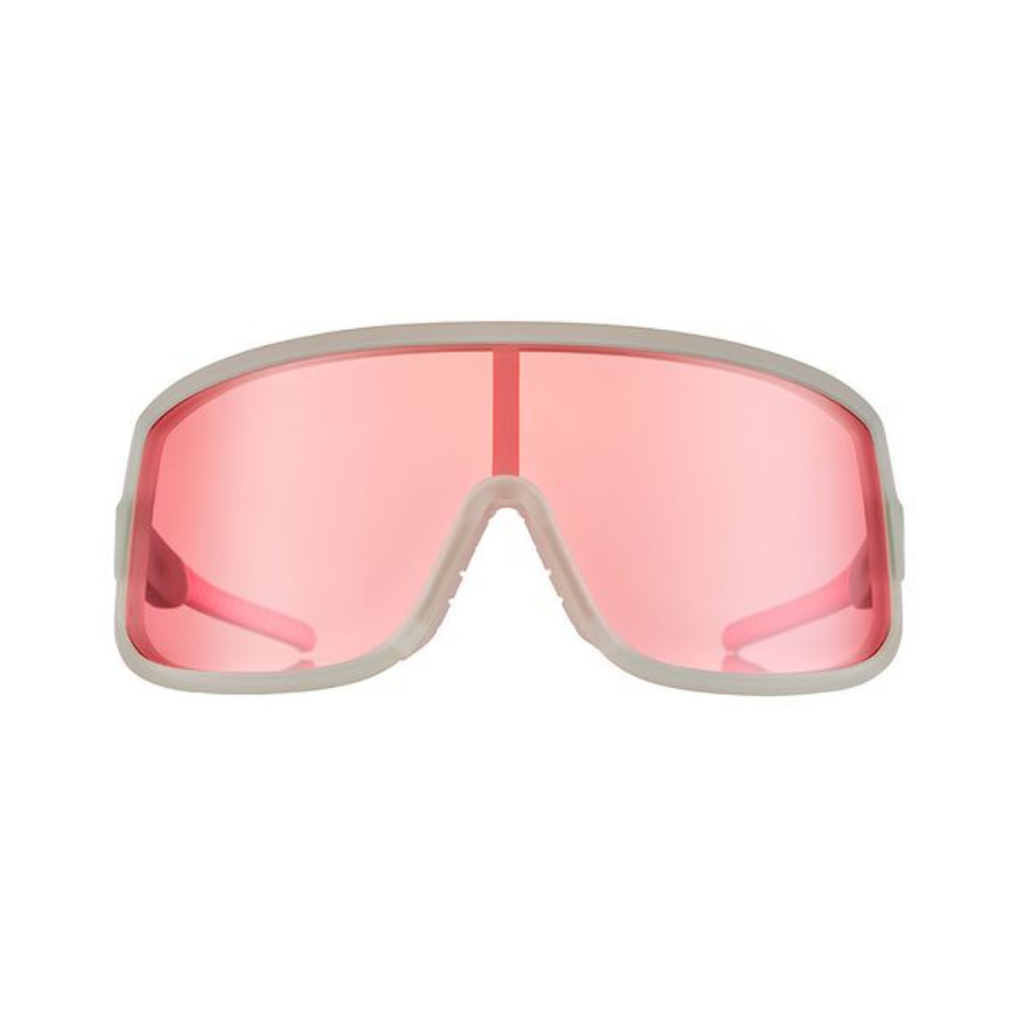 Front view of the Goodr Wrap G "Extreme Dumpster Diving" sunglasses showcasing the streamlined wraparound silhouette, bold bone-white frame, and reflective pink polarized lenses with UV400 protection for bright outdoor conditions.