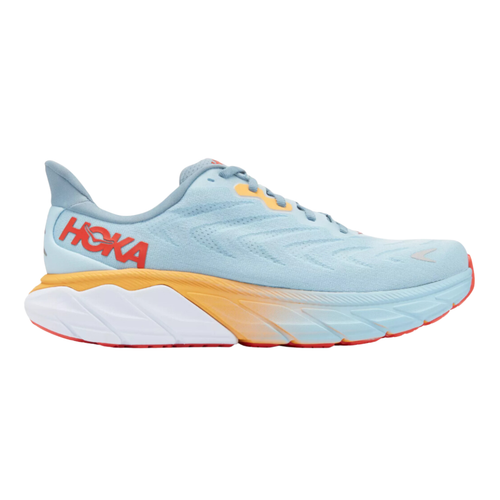 Side view of the HOKA Men’s Arahi 6 in Summer Song/Mountain Spring, showcasing the lightweight engineered mesh upper, compression-molded EVA midsole, and J-Frame™ stability design for supportive, cushioned performance.