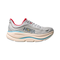 Side view of the HOKA Women’s Bondi 9 in Cosmic Grey/Stardust, showcasing the thick super critically foamed EVA midsole, smooth MetaRocker™ profile, and breathable recycled polyester upper for maximum cushioned support.