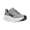 Side view of the HOKA Men’s Bondi 9 in Galactic Grey/Stellar Grey, showcasing the thick super critically foamed EVA midsole, smooth MetaRocker™ profile, and breathable recycled polyester upper for maximum cushioned support.