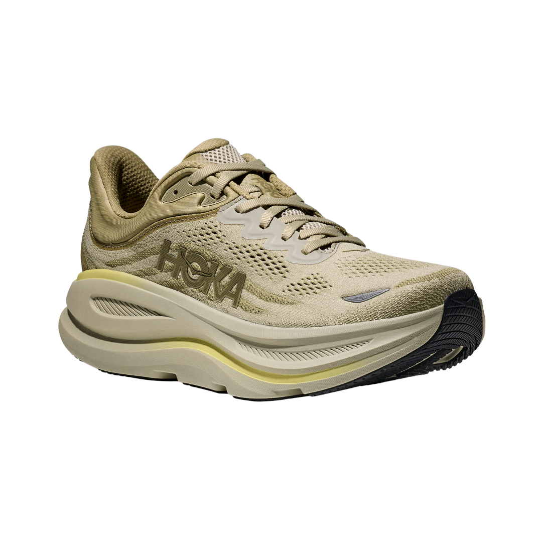 Side view of the HOKA Men’s Bondi 9 in Grassland/Oyster Mushroom, showcasing the thick super critically foamed EVA midsole, smooth MetaRocker™ profile, and breathable recycled polyester upper for maximum cushioned support.