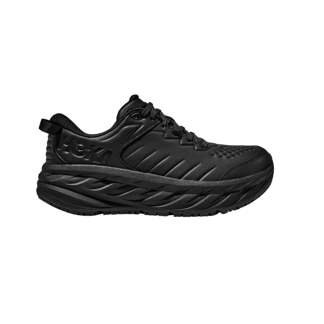 Side view of the HOKA Men’s Bondi SR in Black/Black, showcasing the water-resistant leather upper, thick EVA midsole cushioning, and Early Stage MetaRocker™ design for smooth, supportive movement.