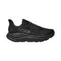 Side view of the HOKA Women’s Clifton 10 in Black/Black, showcasing the lightweight jacquard knit upper, plush CMEVA midsole cushioning, and smooth MetaRocker™ geometry for a soft, efficient ride.