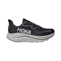 Side view of the HOKA Men’s Clifton 10 in Black/Silver, showcasing the lightweight jacquard knit upper, plush CMEVA midsole cushioning, and smooth MetaRocker™ geometry for a soft, efficient ride.