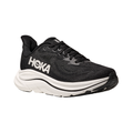 Side view of the HOKA Women’s Clifton 10 in Black/White, showcasing the lightweight jacquard knit upper, plush CMEVA midsole cushioning, and smooth MetaRocker™ geometry for a soft, efficient ride.