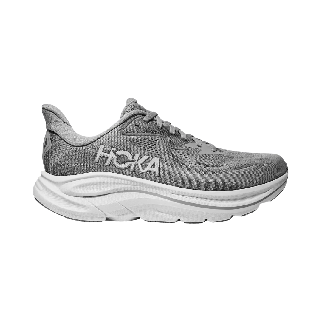 Side view of the HOKA Women’s Clifton 10 in Stellar Grey/Galactic Grey, showcasing the lightweight jacquard knit upper, plush CMEVA midsole cushioning, and smooth MetaRocker™ geometry for a soft, efficient ride.