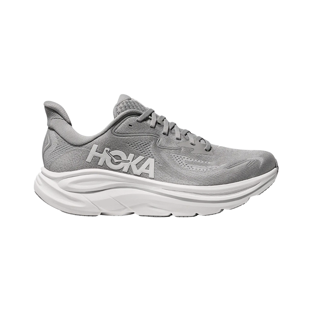 Side view of the HOKA Men’s Clifton 10 in Stellar Grey/Stardust, showcasing the lightweight jacquard knit upper, plush CMEVA midsole cushioning, and smooth MetaRocker™ geometry for a soft, efficient ride.