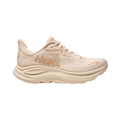 Side view of the HOKA Women’s Clifton 10 in Vanilla/Birch, showcasing the lightweight jacquard knit upper, plush CMEVA midsole cushioning, and smooth MetaRocker™ geometry for a soft, efficient ride.
