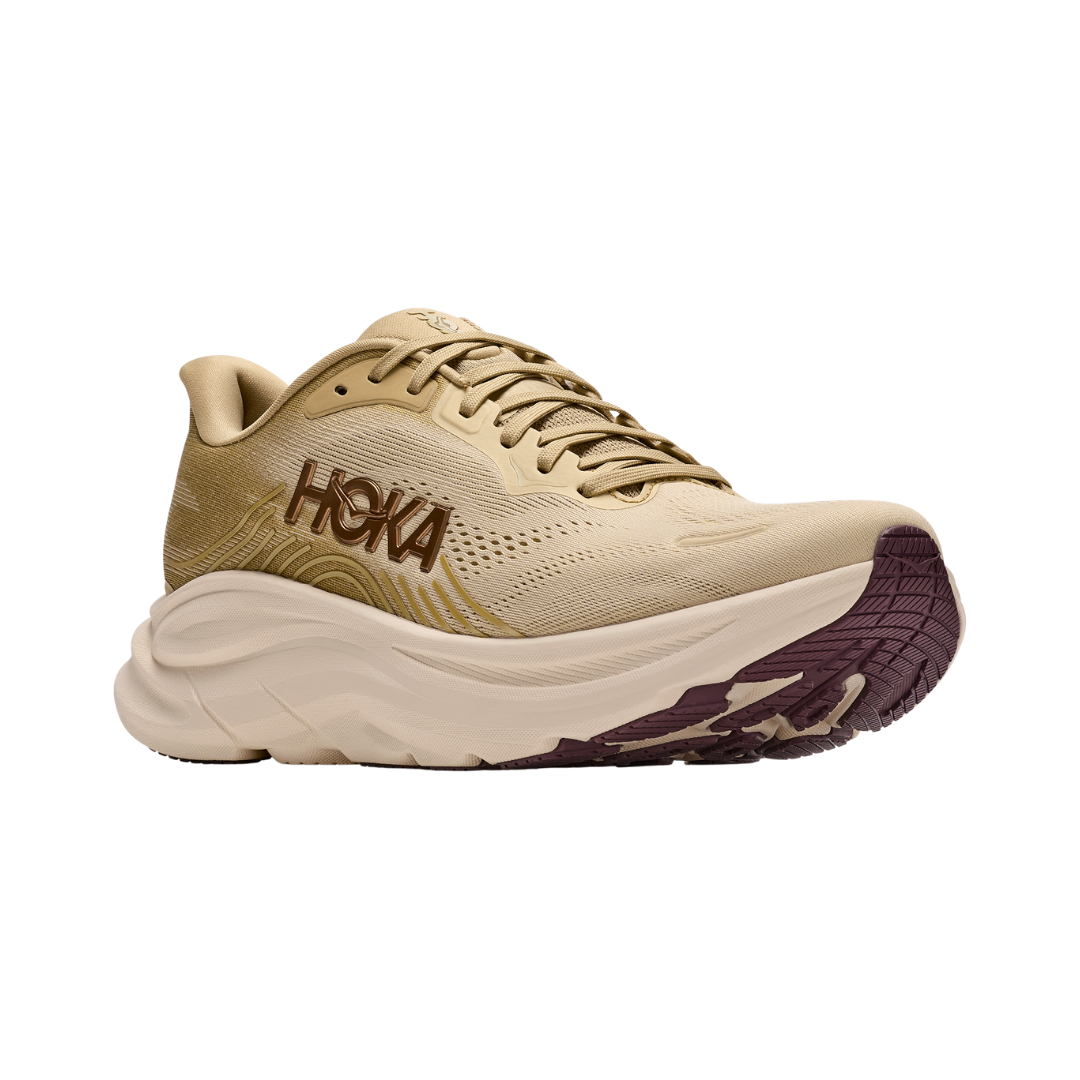 Side view of the Men's Hoka Clifton 11 in Barley Flour/Barley, featuring a breathable engineered mesh upper, lightweight compression-molded EVA foam midsole, MetaRocker™ geometry, and durable abrasion-resistant rubber outsole.